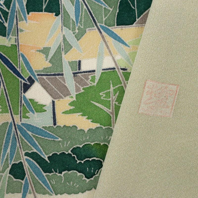 訪問着 作家物 情景美 落款有 背紋有 グリーン 袷正絹着物 Mサイズ
