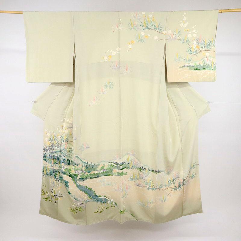 訪問着 作家物 情景美 落款有 背紋有 グリーン 袷正絹着物 Mサイズ