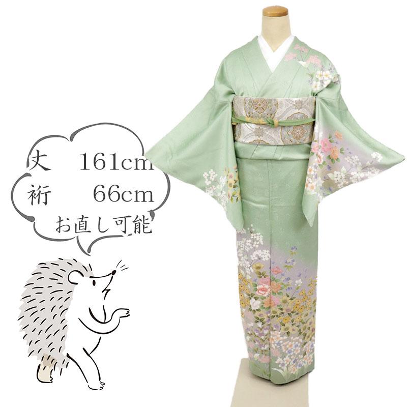 訪問着 作家物 華やぎの花々模様 落款有 グリーン 身丈161cm 裄丈66cm 