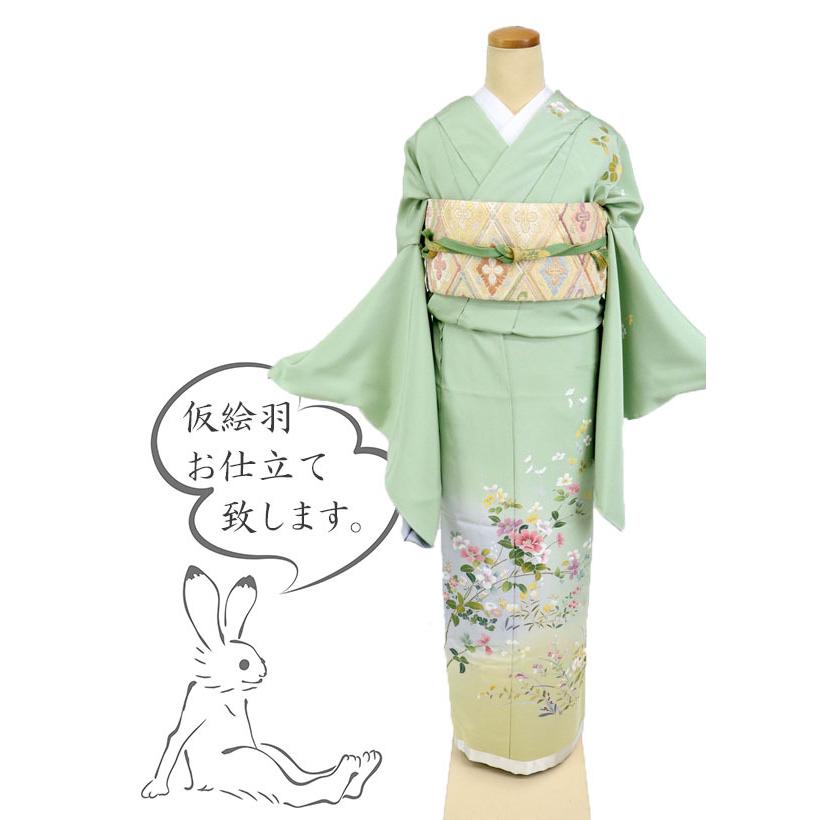 仮絵羽 訪問着 加賀調 優美な花 淡いグリーン フォーマル きもの 袷正絹着物 HG3-23 中古