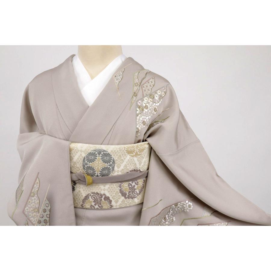 刺繍 訪問着 くの字模様道長取り竹梅青海波 グレー 袷 正絹 着物  