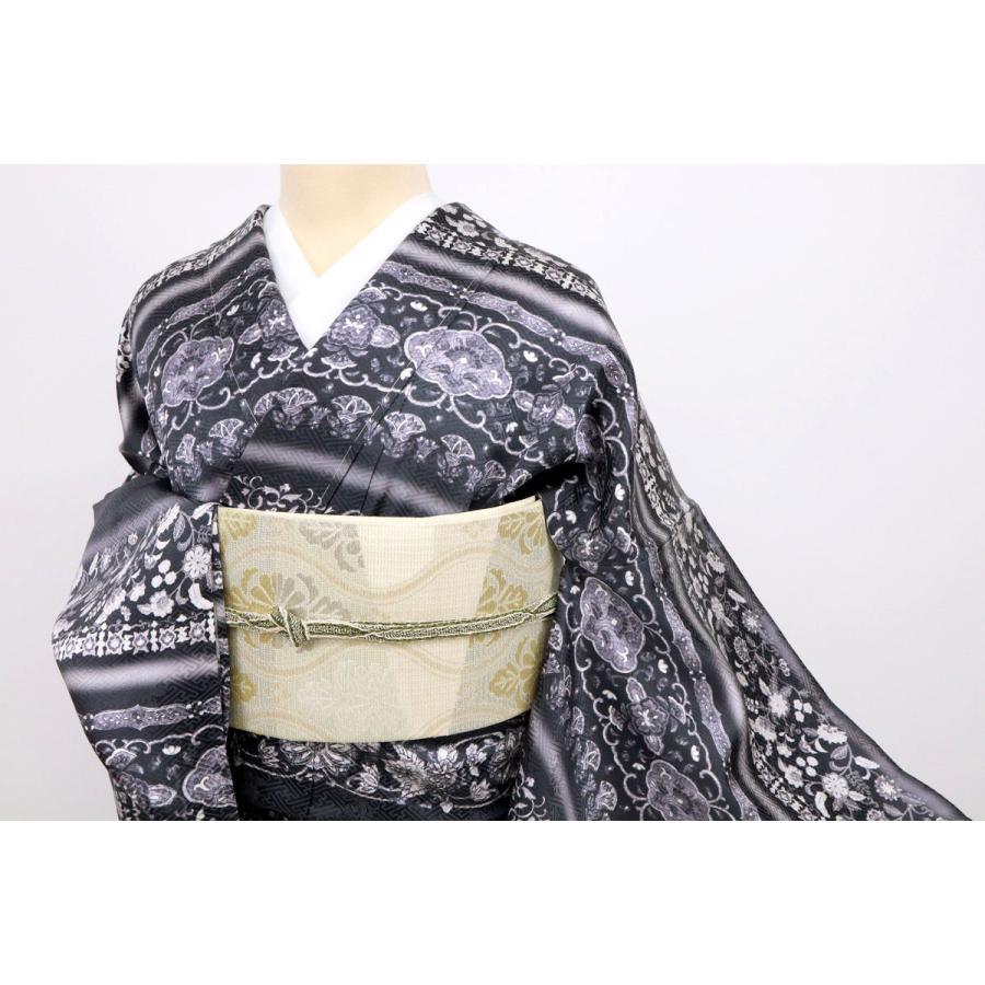 新品 長尺 単衣 訪問着 熨斗目柄唐花模様 墨色 正絹着物 Lサイズ 身丈 