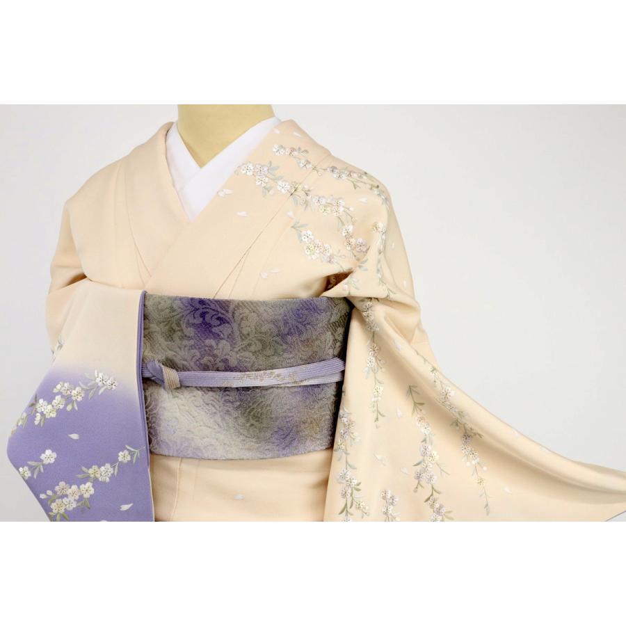 訪問着 極上 刺繍 花びら舞う桜の花模様 藤 クリーム色 袷 正絹 着物