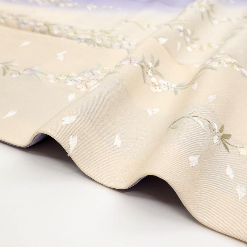 訪問着 極上 刺繍 花びら舞う桜の花模様 藤 クリーム色 袷 正絹 着物 