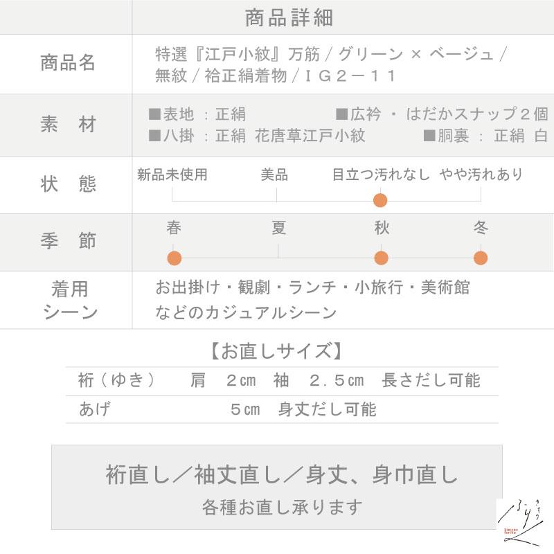 特選 江戸小紋 万筋 グリーン×ベージュ 無紋 カジュアル 袷正絹着物 M 