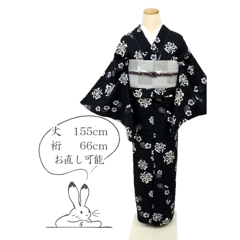 小紋 特選 ゆるやか斜めの撫子と菊の花模様 黒 カジュアル きもの Sサイズ Mサイズ 身丈155cm 裄丈66cm 正絹着物 KB1-33 中古 リサイクル着物