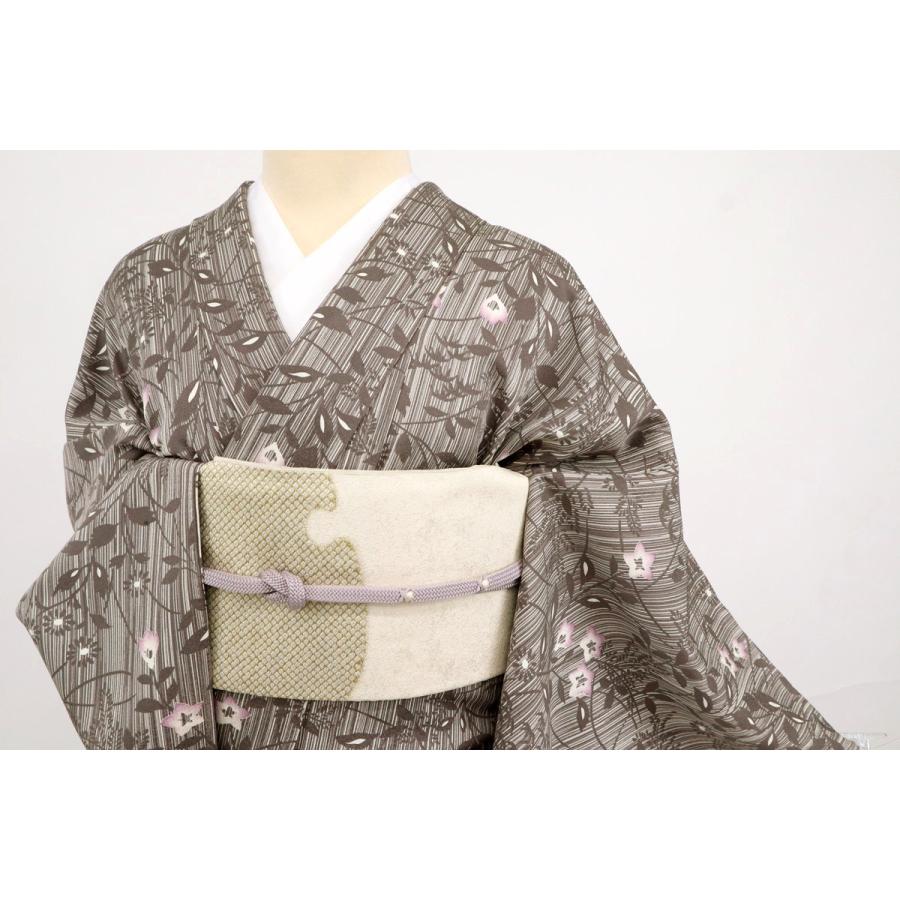 長尺 単衣 小紋 細やか縞に秋草模様 白×赤墨色 正絹 着物 L