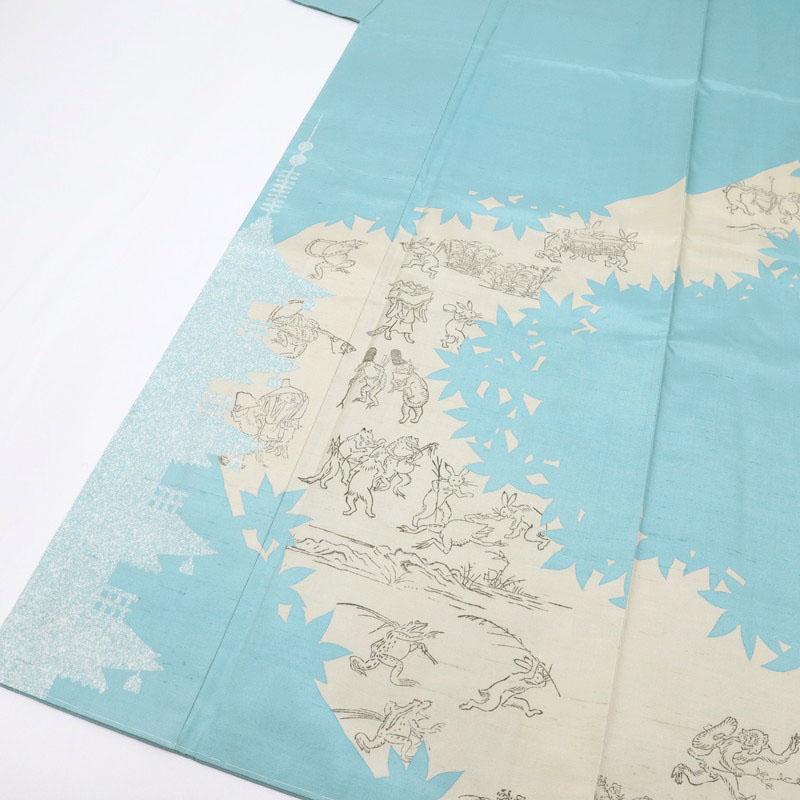 H*h様 ■E3919■美品■正絹■猫柳柄　紬　一つ紋　袷　訪問着■丈168　裄 長尺 紬 訪問着 木版染 『佐伯武晴』 鳥獣戯画 水色 袷正絹着物 LL