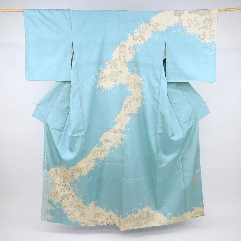 長尺 紬 訪問着 木版染 『佐伯武晴』 鳥獣戯画 水色 袷正絹着物 LL