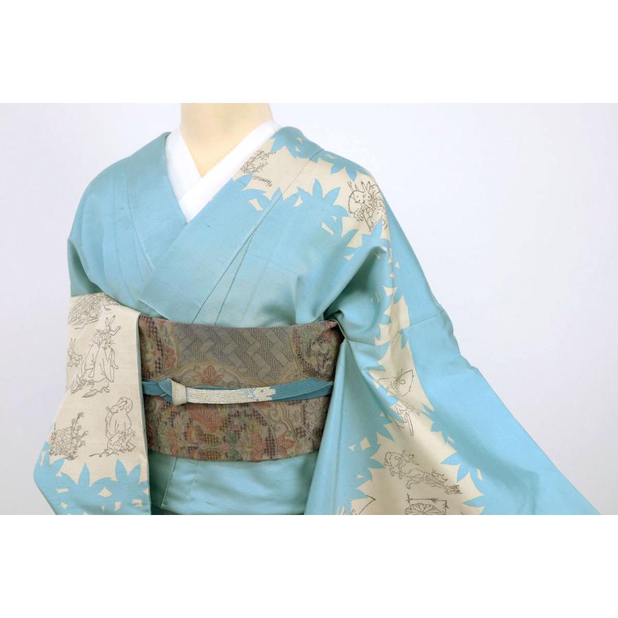 長尺 紬 訪問着 木版染 『佐伯武晴』 鳥獣戯画 水色 袷正絹着物 LL