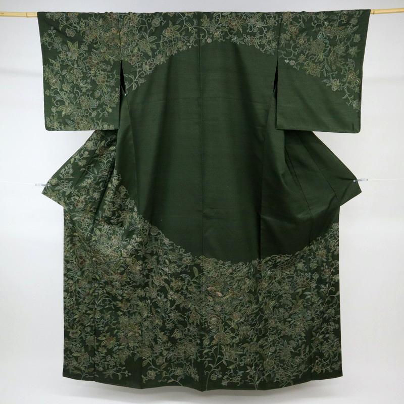 紬 長尺 訪問着 極上刺繍 虹色の花更紗 グリーン Lサイズ LL 紬 長尺 訪問着 極上刺繍 虹色の花更紗 グリーン Lサイズ LL