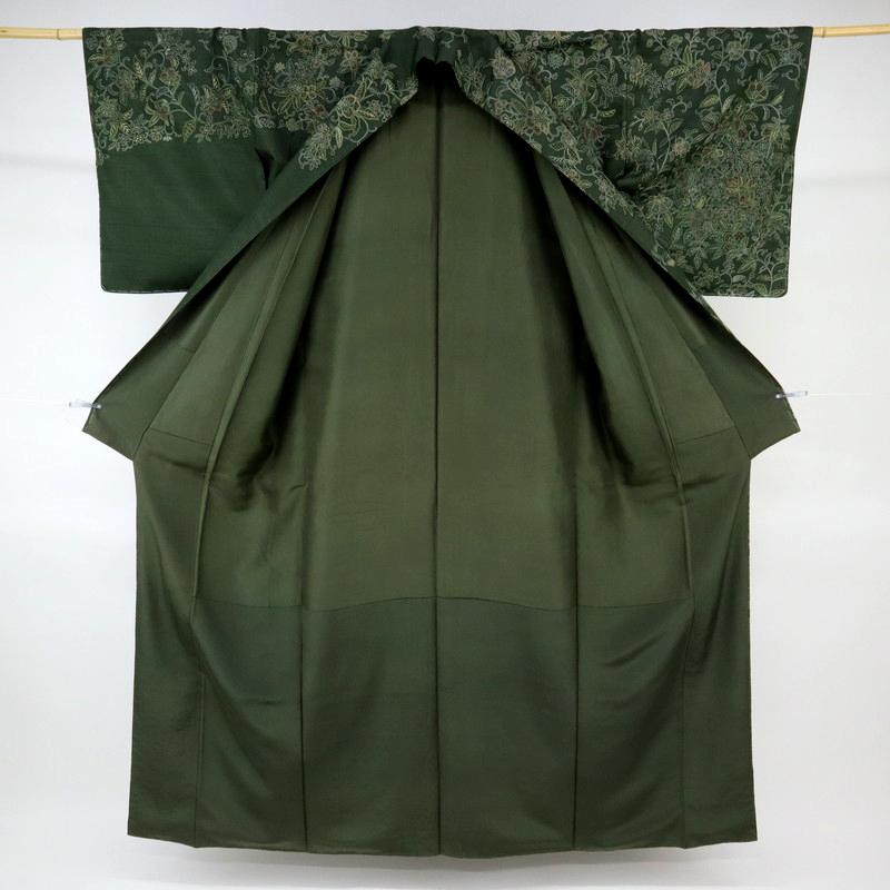紬 長尺 訪問着 極上刺繍 虹色の花更紗 グリーン Lサイズ LL 紬 長尺 訪問着 極上刺繍 虹色の花更紗 グリーン Lサイズ LL
