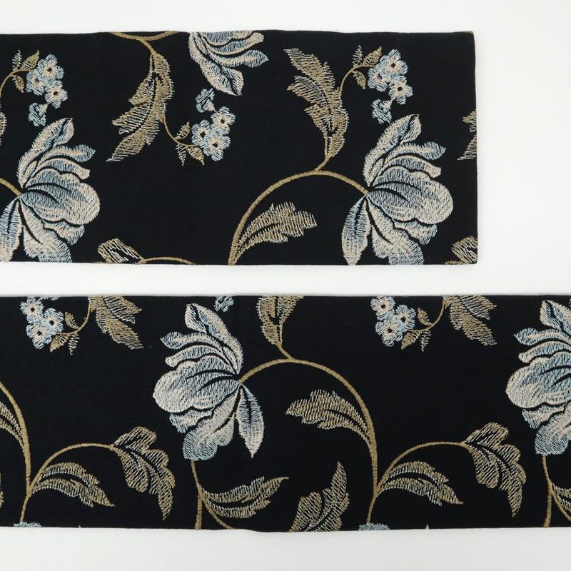 新品 未使用 名古屋帯 極上 刺繍 カジュアル 花唐草模様 黒地 新品 未使用 名古屋帯 極上 刺繍 カジュアル 花唐草模様 黒地