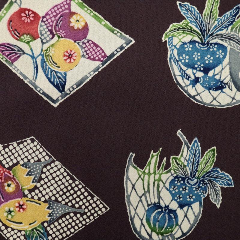 特選逸品□お野菜型染模様名古屋帯□黒鳶色ちりめん地◇正絹着物◇NP9  