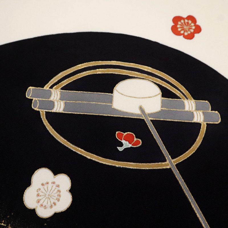 塩瀬 名古屋帯 手水鉢に柄杓と梅の花模様 白地 正絹着物 全長381.5cm 