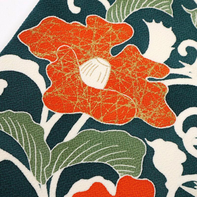 名古屋帯 印象的 椿の花 白 ちりめん地 普段着に 正絹着物 全長353.5cm 幅30.5cm レディ―ス 和装 NY5-19 中古 リサイクル