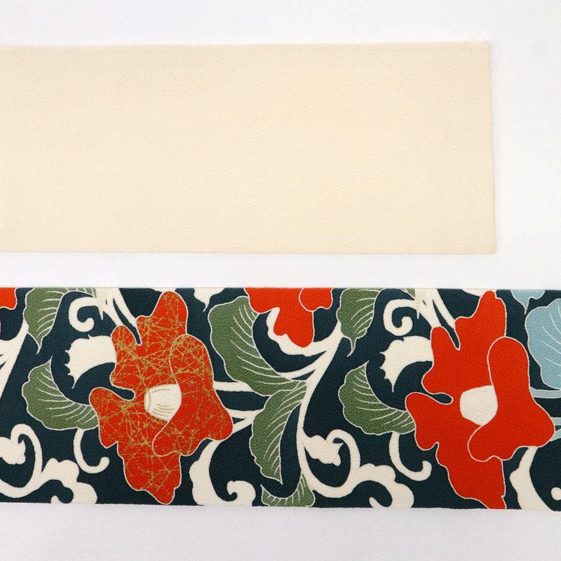 名古屋帯 印象的 椿の花 白 ちりめん地 普段着に 正絹着物 全長353.5cm 幅30.5cm レディ―ス 和装 NY5-19 中古 リサイクル
