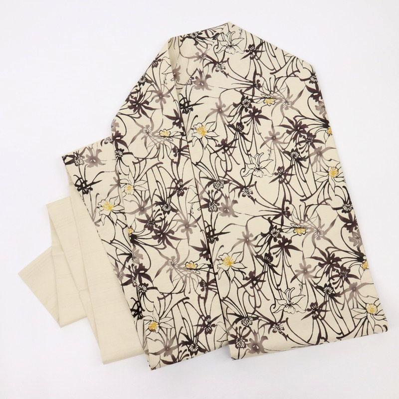 未使用 本場縞大島 紬 名古屋帯 花唐草模様 練色 正絹着物 レディース