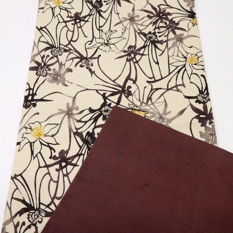 未使用 本場縞大島 紬 名古屋帯 花唐草模様 練色 正絹着物 レディース