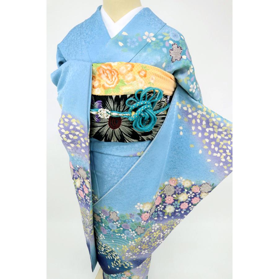 振袖 煌びやか 豪華 花々模様 水色 成人式 卒業式 袷正絹 着物 M 振袖 煌びやか 豪華 花々模様 水色 成人式 卒業式 袷正絹 着物 M