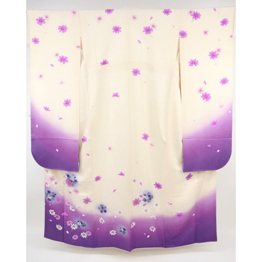 振袖 桜に蝶 コスモスの舞姿 白×紫 桜地紋 成人式に 卒業式 袷正絹着物