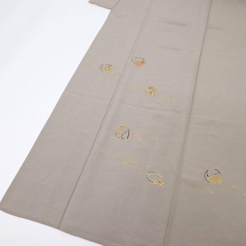 単衣 長尺 刺繍 付下げ 松梅菊 グレー 背紋有 袷正絹着物 Lサイズ 身丈