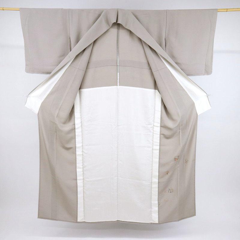 単衣 長尺 刺繍 付下げ 松梅菊 グレー 背紋有 袷正絹着物 Lサイズ 身丈