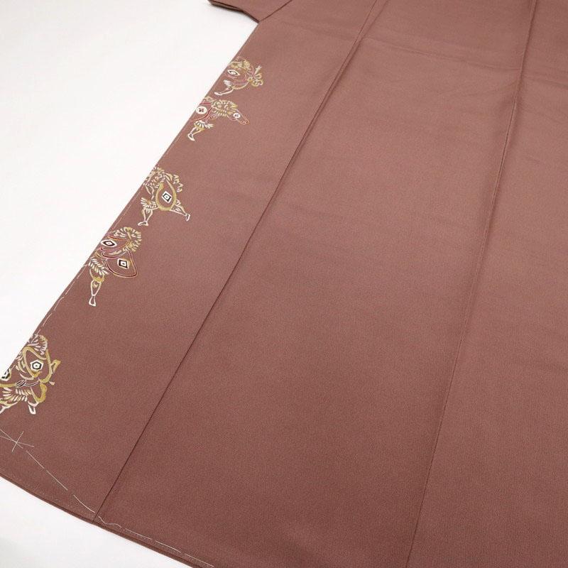 付下げ シンプル 奴の雀踊り霞に桜松毛槍 灰紅色 袷 正絹 着物 Mサイズ  