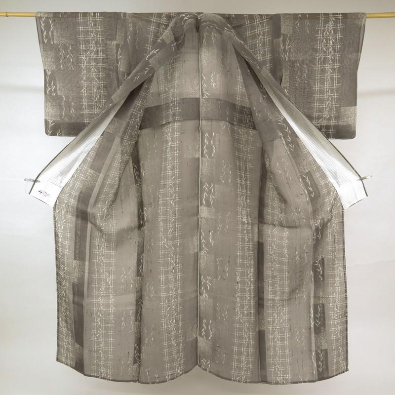 逸品『絹芭蕉』夏着物□横段叩き染め格子に涼やか柳◇グレー◇正絹 