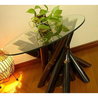 アジアン家具 ♪ブラックバンブーロールガラステーブル(M)♪ リビング