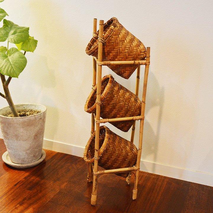 アジアン家具 木製 バリ ♪ロンボク島ラタンバスケット棚（筒形3段S