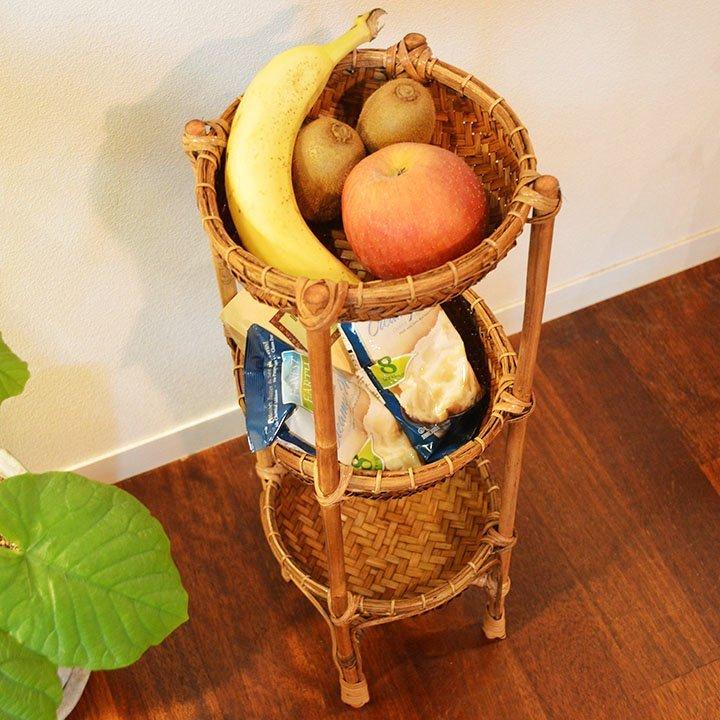 アジアン家具 木製 バリ ♪ロンボク島ラタンバスケット棚（丸型3段60cm