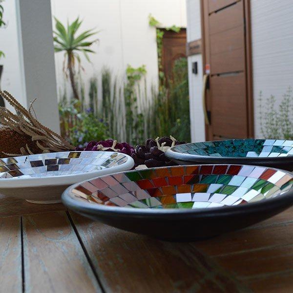 アジアン バリ 雑貨 ♪モザイクガラスのトレイ丸型（キャラメル