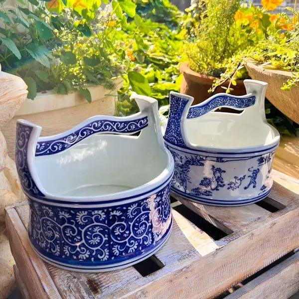 【花入/花瓶】花瓶 インテリア 飾り 花入 陶器 変形花瓶 魚柄 鳥柄 陶器の手桶（蛸柄・鳥獣戯画柄）♪ 花瓶 花器 花入れ 陶器 睡蓮