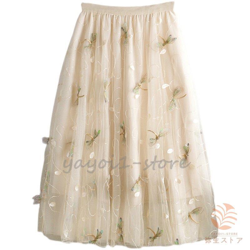 新品 ボトムス チュールスカート スカート レディース ナチュラル Pkm63 ベージュ グレー 大人可愛い ゴム 刺繍 とんぼ レディースファッション ロング マキシ丈スカート カラー グレー Voltnational Com