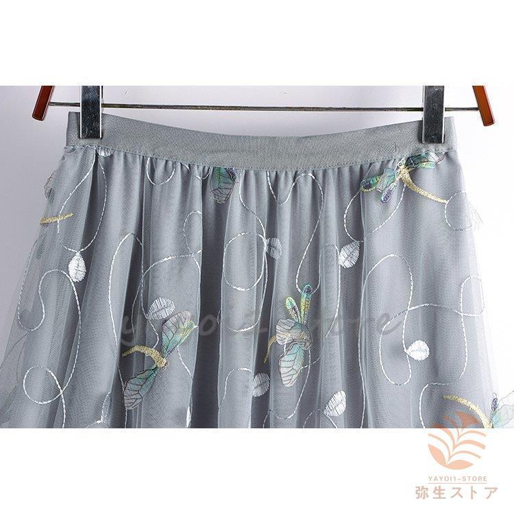 新品 ボトムス チュールスカート スカート レディース ナチュラル Pkm63 ベージュ グレー 大人可愛い ゴム 刺繍 とんぼ レディースファッション ロング マキシ丈スカート カラー グレー Voltnational Com