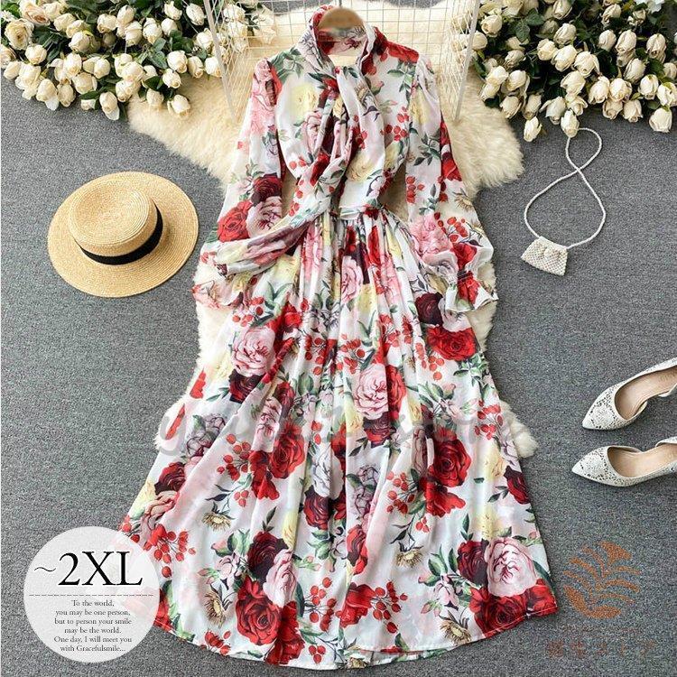販売情報 ワンピース スカート レディース レディースファッション 長袖 ロング丈 ボウタイ スカーフ 花柄 ホワイト母親 モダン 魅力的 可愛い 女子会 Pks56 参考価格 Www Superavila Com