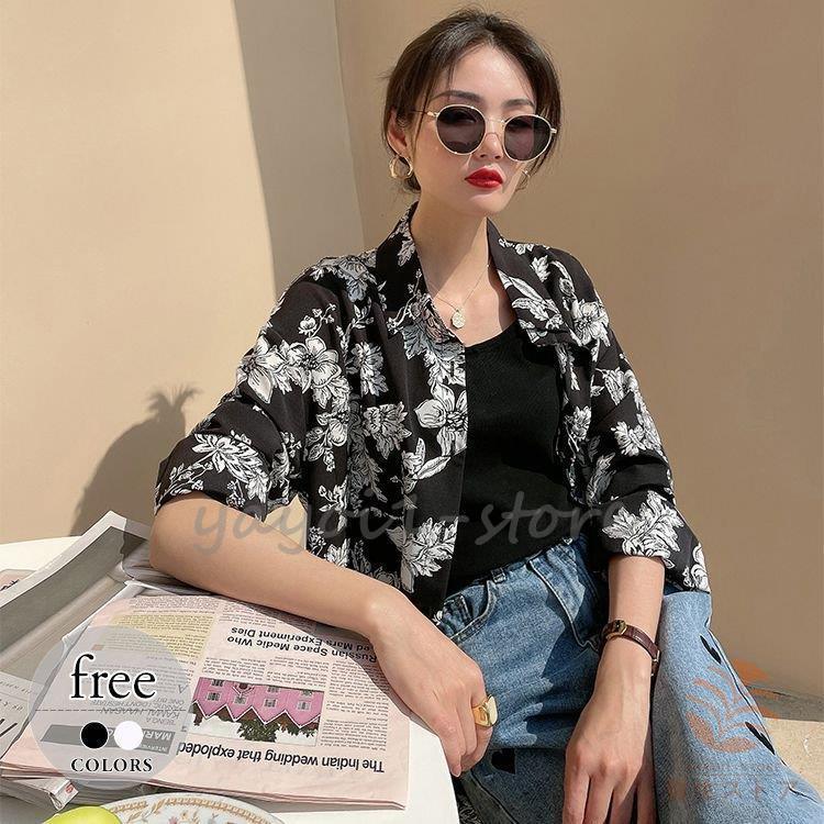 人気が高い モノクロの花柄のかっこよさを デート Thi12 ディナー お出かけファッション ママスタイル 白黒 ビジネス Sns映え オフィス スタイル オフィスカジュアル 薄手 総柄 襟付き トップス シャツ Tシャツ カットソー