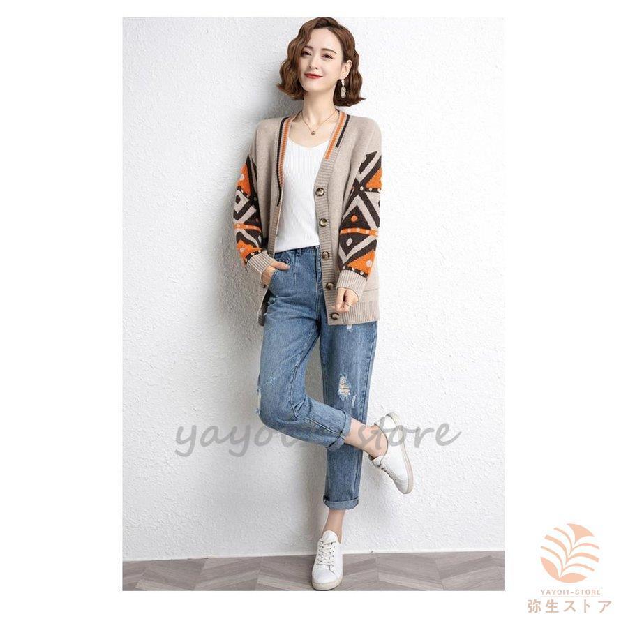 新発売 ニット カーディガン 抽象柄 Vネック ポケット ボタン リラックス ボーイッシュ フェミニン 女子会 女子旅 可愛い ママスタイル お出かけ かわいい ボレロ カラー ベージュ Proksi Si
