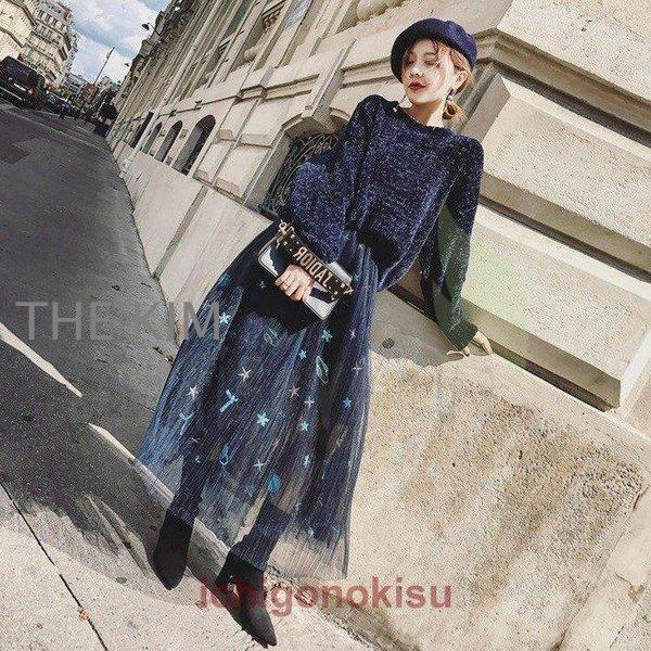 セットアップ レディース きれいめ 春秋 可愛い 韓国風 上下セット ニット チュールスカート カジュアルセット 星柄 長袖 ゆったり キラキラ 通勤 オシャレ_1