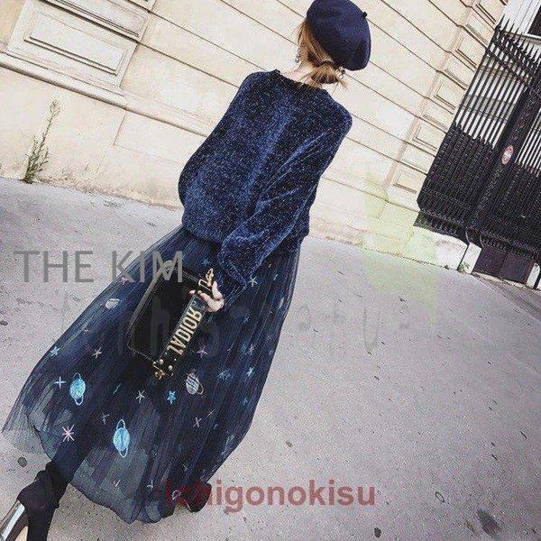 セットアップ レディース きれいめ 春秋 可愛い 韓国風 上下セット ニット チュールスカート カジュアルセット 星柄 長袖 ゆったり キラキラ 通勤 オシャレ_3