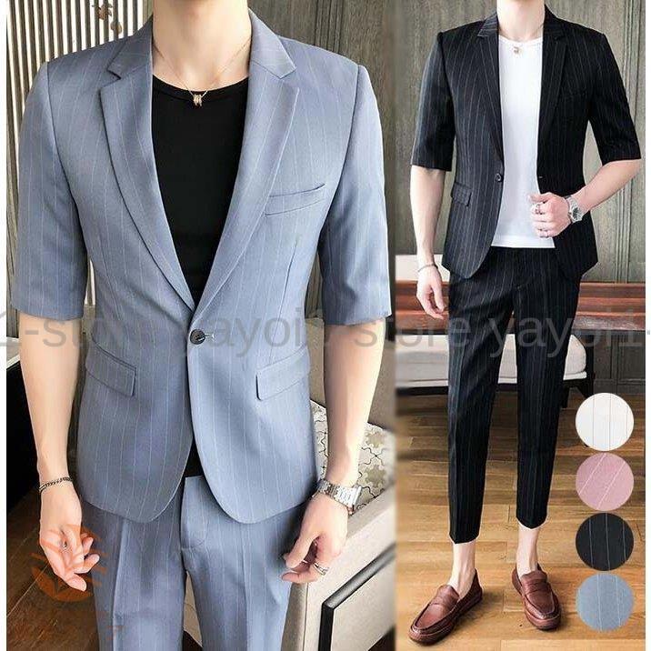 3ピーススーツ スーツ 夏 メンズスーツセット 7分袖ジャケット パンツ 白tシャツ スリムスーツ お兄ちゃん系 ストライプ スーツ 紳士服 セットアップ 韓国風 Y01 Pizz337 弥生ストア 通販 Yahoo ショッピング
