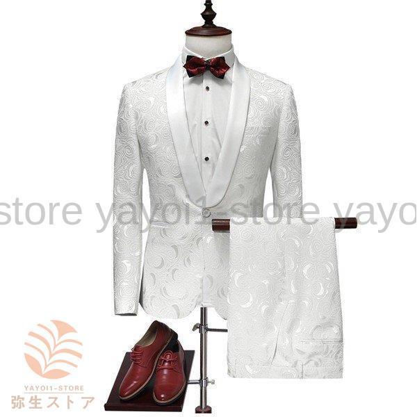 白 スーツ 2ピース カジュアルスーツ セットアップ メンズ 夏 スーツ 結婚式 おしゃれ 一つボタン ジャガード｜yayoi1-store