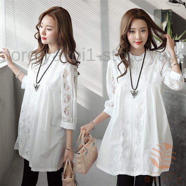 ブラウス レースチュニック チュニック 花柄 刺繍 レース 白 丸首 春 夏 ワンピース レディース 大人 可愛い 洋服 袖コンシャス ノーカラー ゆったり きれいめ