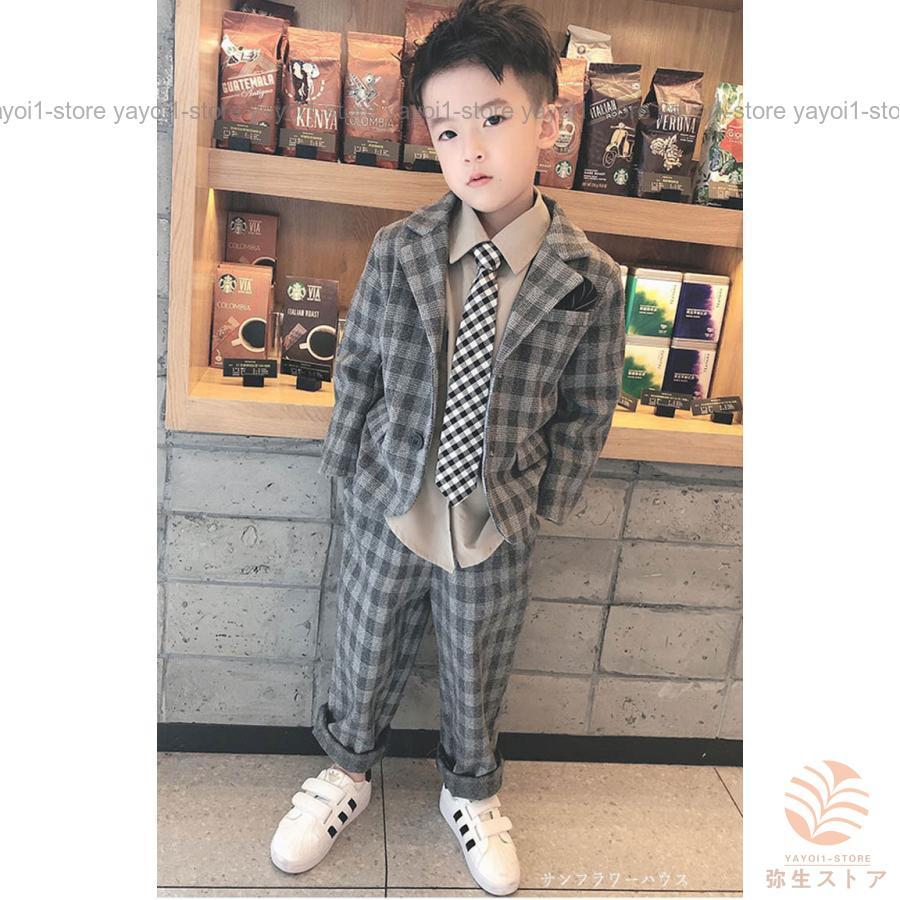 入学式 パンツスーツ 男の子 子供スーツ チェック柄 フォーマル コート キッズスーツ セットアップ 結婚式 発表会 入学式 七五三 90 100 110 120 130 140の画像