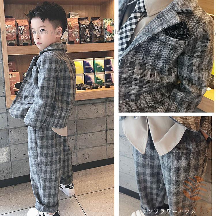 入学式 パンツスーツ 男の子 子供スーツ チェック柄 フォーマル コート キッズスーツ セットアップ 結婚式 発表会 入学式 七五三 90 100 110 120 130 140の画像