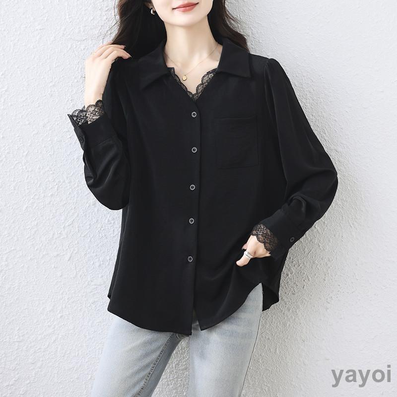 シャツ レディース 長袖 ブラウス トップス レース切り替え ボタン V