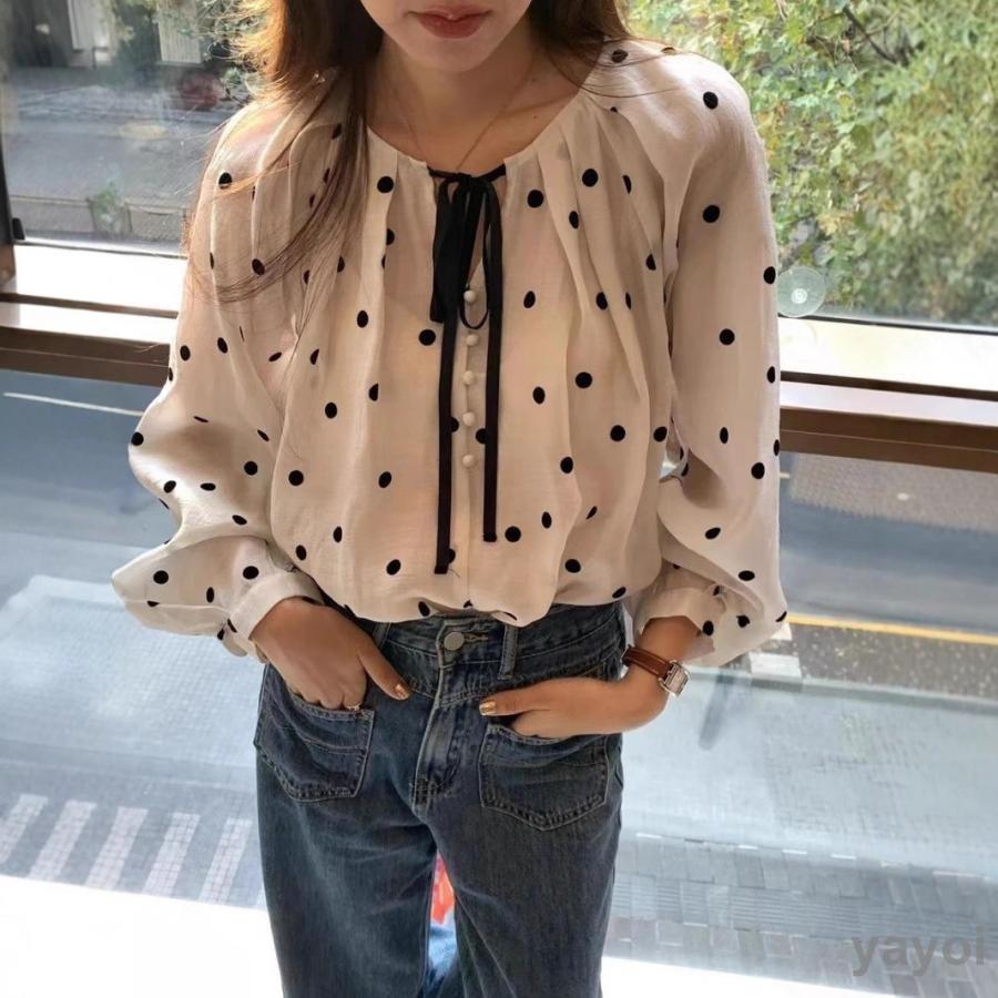 シフォンブラウス レディース長袖 秋服 春秋 トップス ドット柄