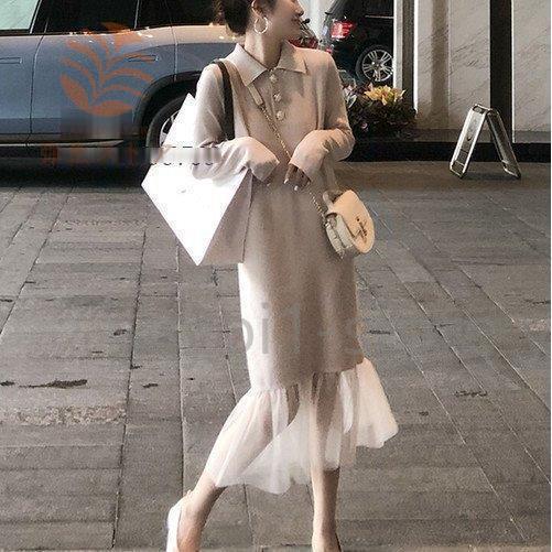 ワンピース レディース ファッション 秋 秋冬 襟付きニットワンピース 30代 長袖 ミモレ丈 50代 パールボタン 冬 40代 大人かわいい チュール切替 Ya1026 Scspt 弥生ストア 通販 Yahoo ショッピング