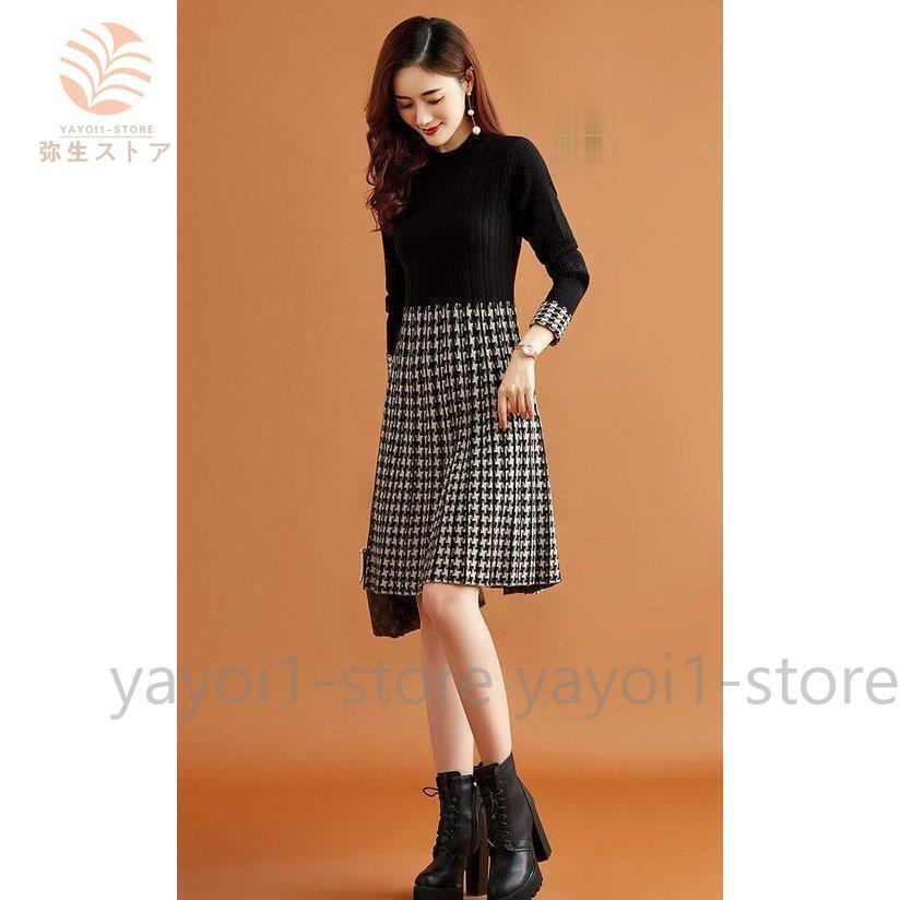 買い誠実 大人きれい 千鳥格子 ニットワンピース 30代 ラウンドネック 上品 冬 40代 ファッション レディース ワンピース きれいめ 長袖 秋 秋冬 50代 ひざ丈 ワンピース サイズ S Proksi Si